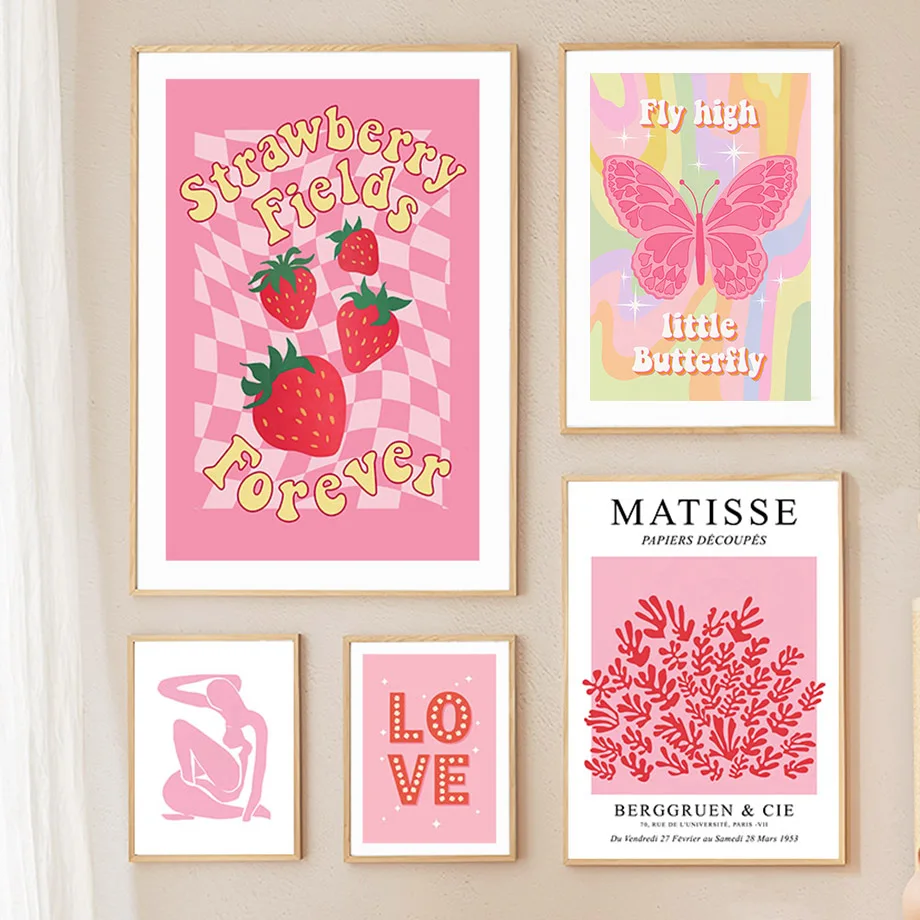 Abstract Wall Art Pictures Pink Coral Strawberry Butterfly Love Quotes Girl Silhouette Nordic Posters Prints Living Room Decor