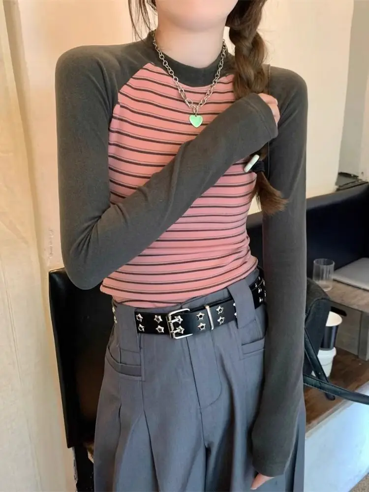Women's Trendy Color Block Stripe Raglan Long Sleeve T-shirt Thermal Base Layer Fitted Cropped Top Comfortable Fashion