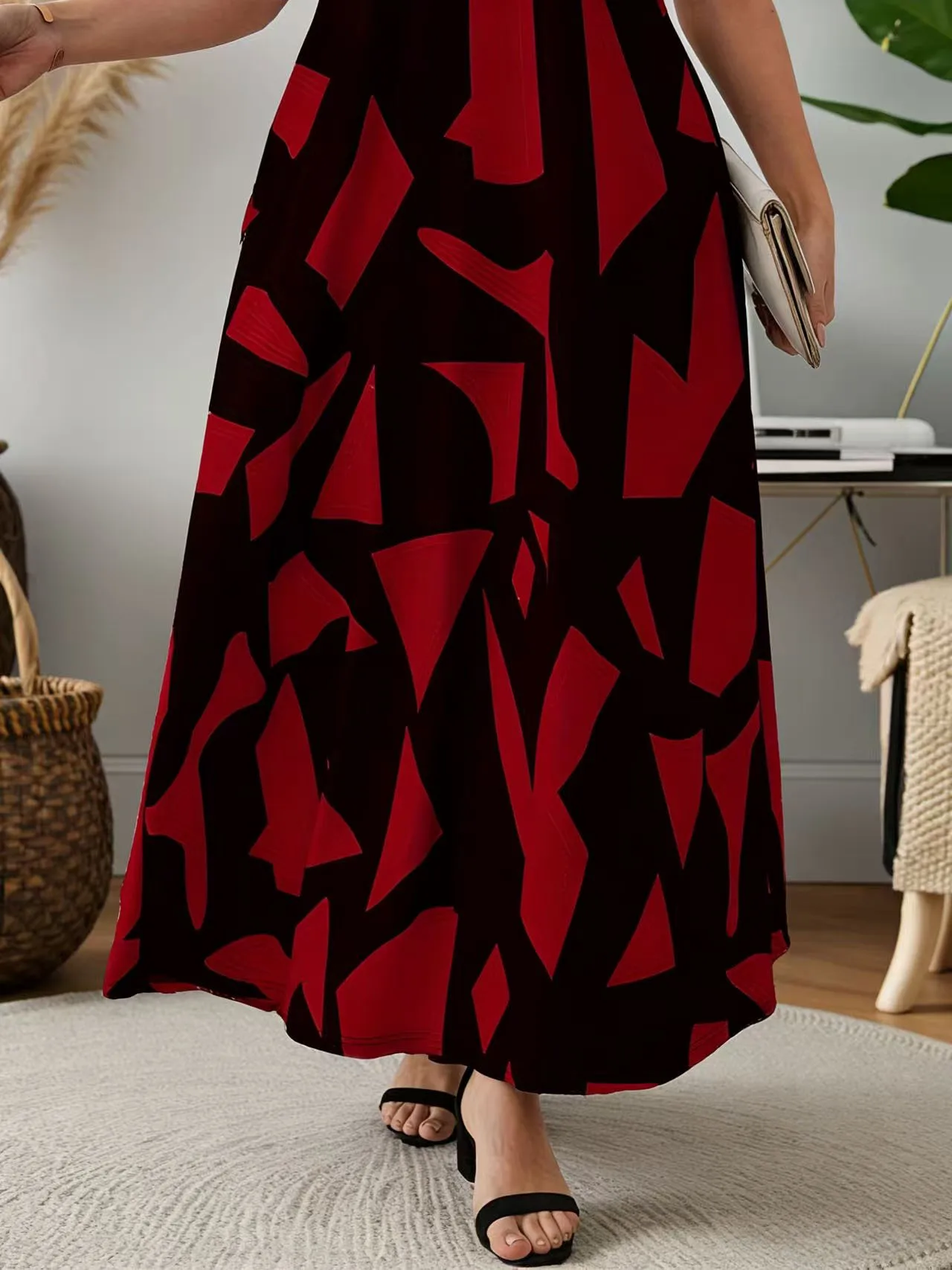 فستان نسائي أنيق بطباعة هندسية مقاس كبير، مزيج بوليستر مرن، قابل للغسل في الغسالة - أنيق كاجوال باللونين الأبيض والأسود، فستان أنيق مقاس كبير #6