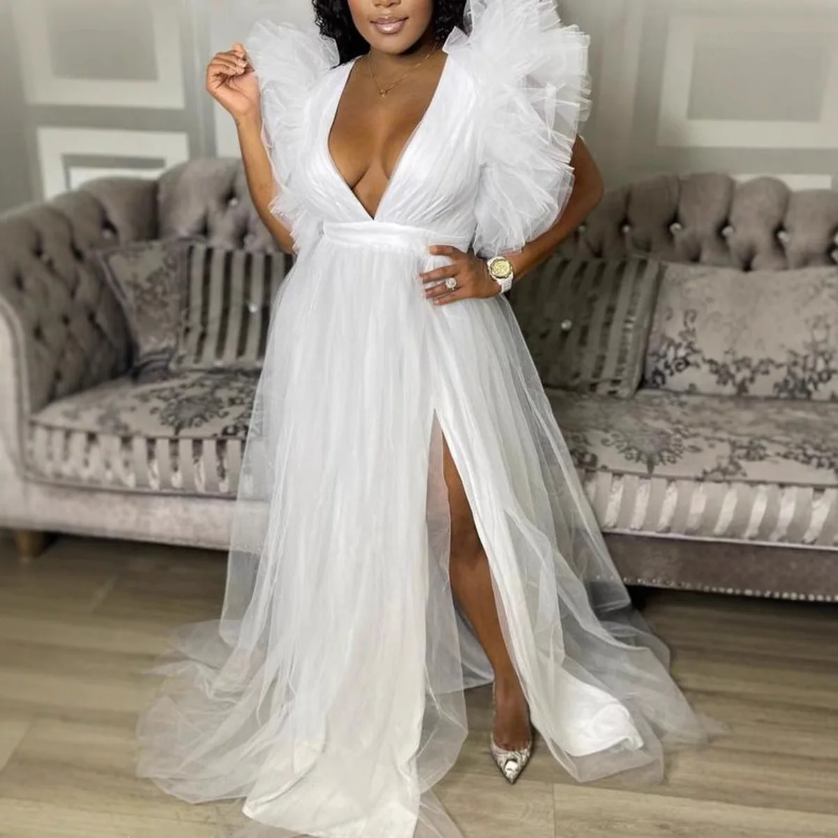 Women Tulle Maxi Wedding Dress Deep V‑Neck Ruffle Puff Sleeve High Slit A‑Line Bridal Gown Formal Evening Party Plus Size Dress