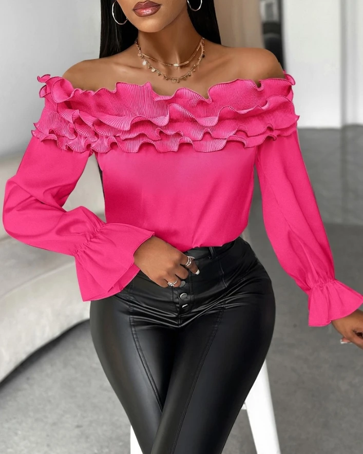 Elegant Blouse for Women 2024 Spring Autumn Off The Shoulder Ruffle Edge Hem Bell Sleeve Tees Pullover Top Women's Blouse