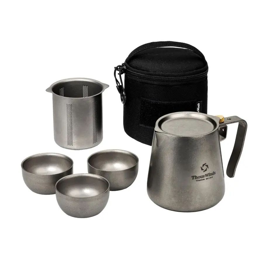 

Titanium Tea Set, Portable Kung Fu Tea Pot with 3 Tea Cups, Doublelayer Teapot with Strainer, Lightweight Tea Make for Outdoor C