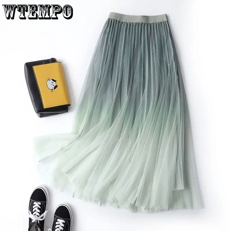 WTEMPO-Saia de Tule, Linha A, Longa, Fairycore, Renda, Midi, Roupa de praia, Vintage, Moda coreana, Verão, Outono