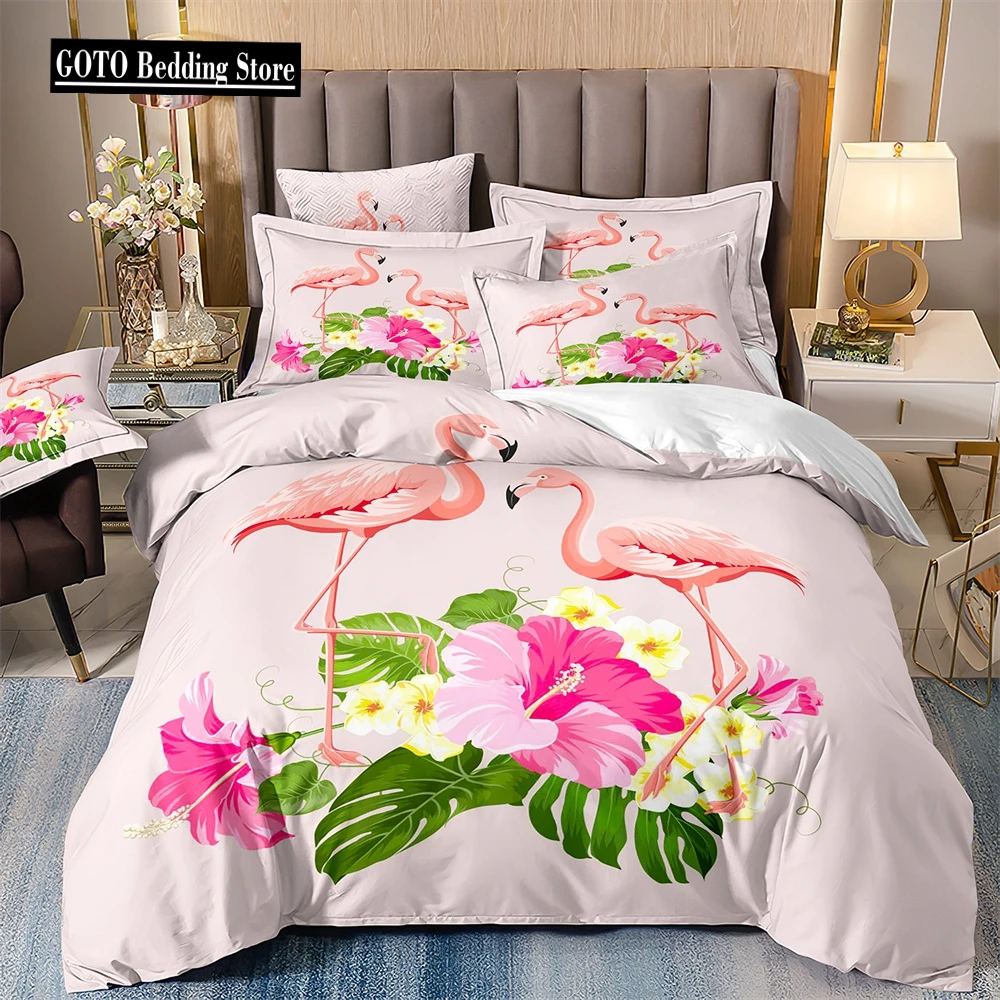 

Double Duvet Cover and Pillowcases for Girls,Flamingo and Parrot Bedding,Bird Flowers and Trees Print,Dropship Wholesale,200x200