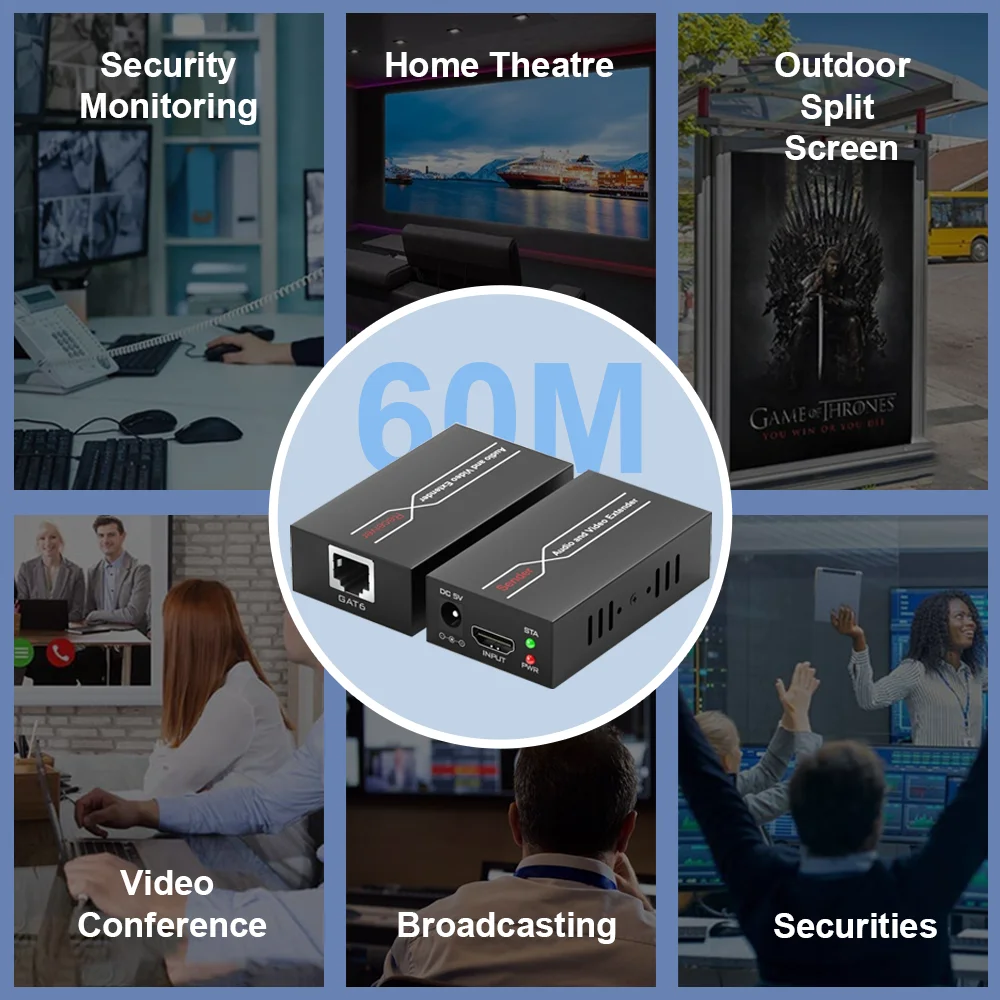 HDMI على جهاز إرسال واستقبال الصوت والفيديو أحادي UTP CAT6/7 LAN RJ45 يدعم جهاز إرسال واستقبال الفيديو ثلاثي الأبعاد ، P ، 60m