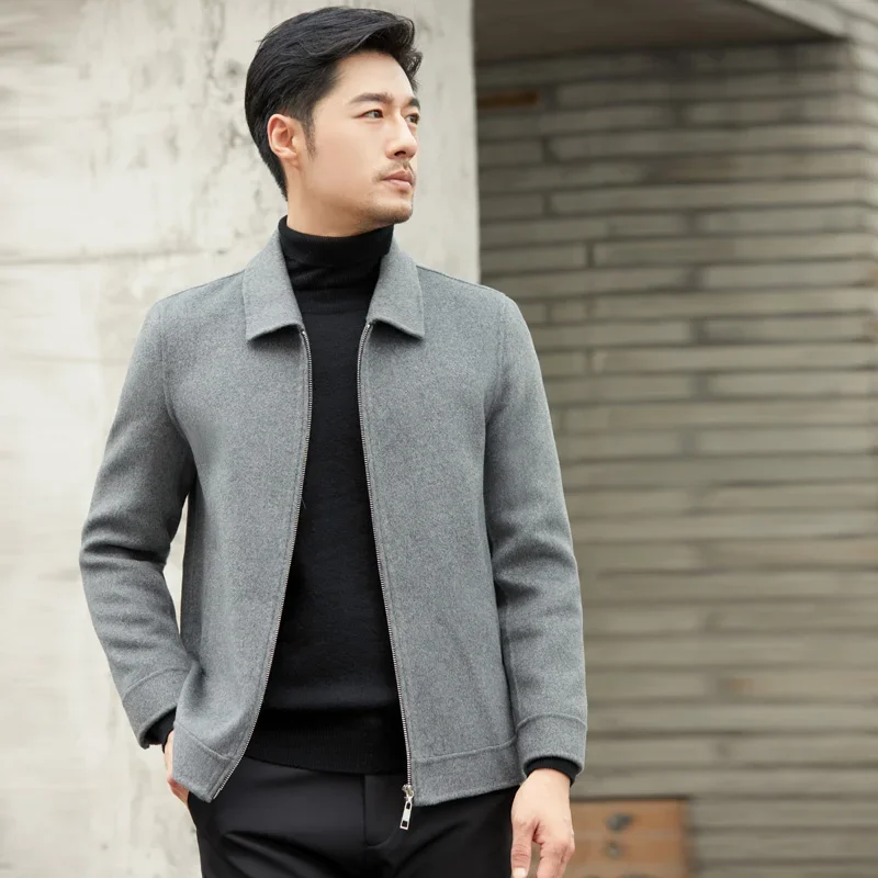 Autumn and Winter 100% Pure Wool Double sided Coat Men's Short Zip Cardigan Casual Solid Color Long Sleeve Jacket Shirt