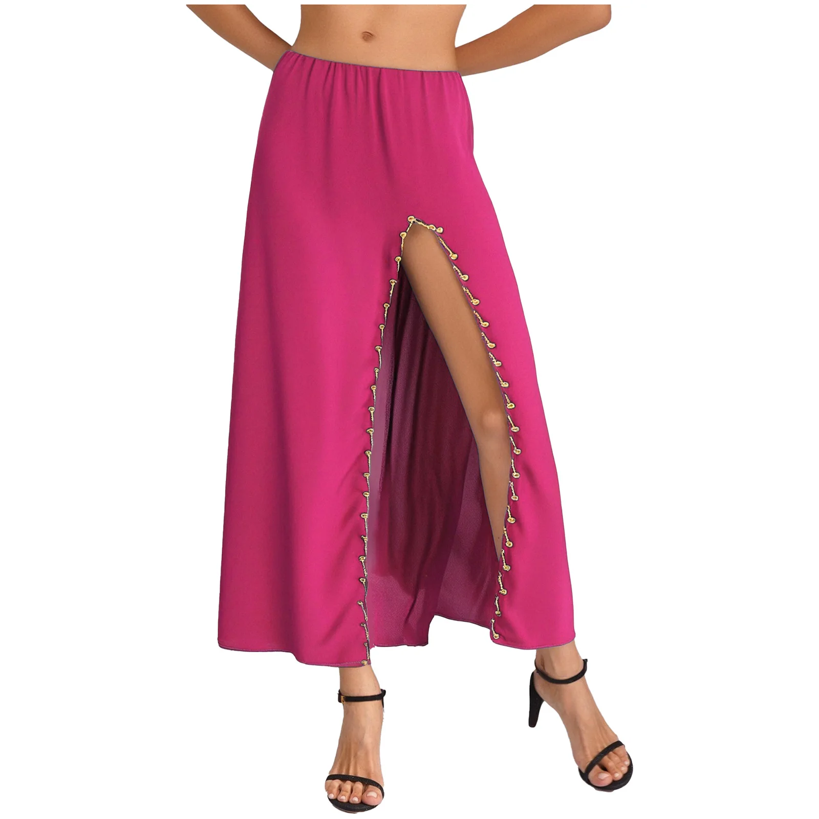 

Women Belly Dance Maxi Skirts India Dance Ethnic Dance Costume Elastic Waist Side Split Plastic Beads Trim Dancing Skirt
