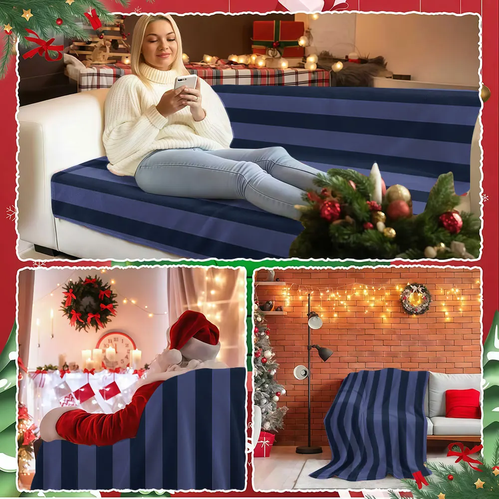 Navy Slate Blue Stripes Winter Summer Flannel Blanket Throw Fleece Soft Fuzzy Plush Cozy Fleece Blankets for Sofa Ideal Gifts
