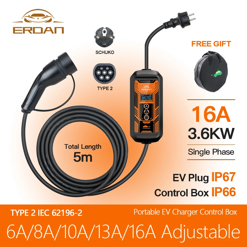 16A 3.6KW Type 2 IEC-62169 EV Charger Electric Car Charger 5m 7.2KW 32A SAE J1772 type1 EV Portable Charger Schuko Plug