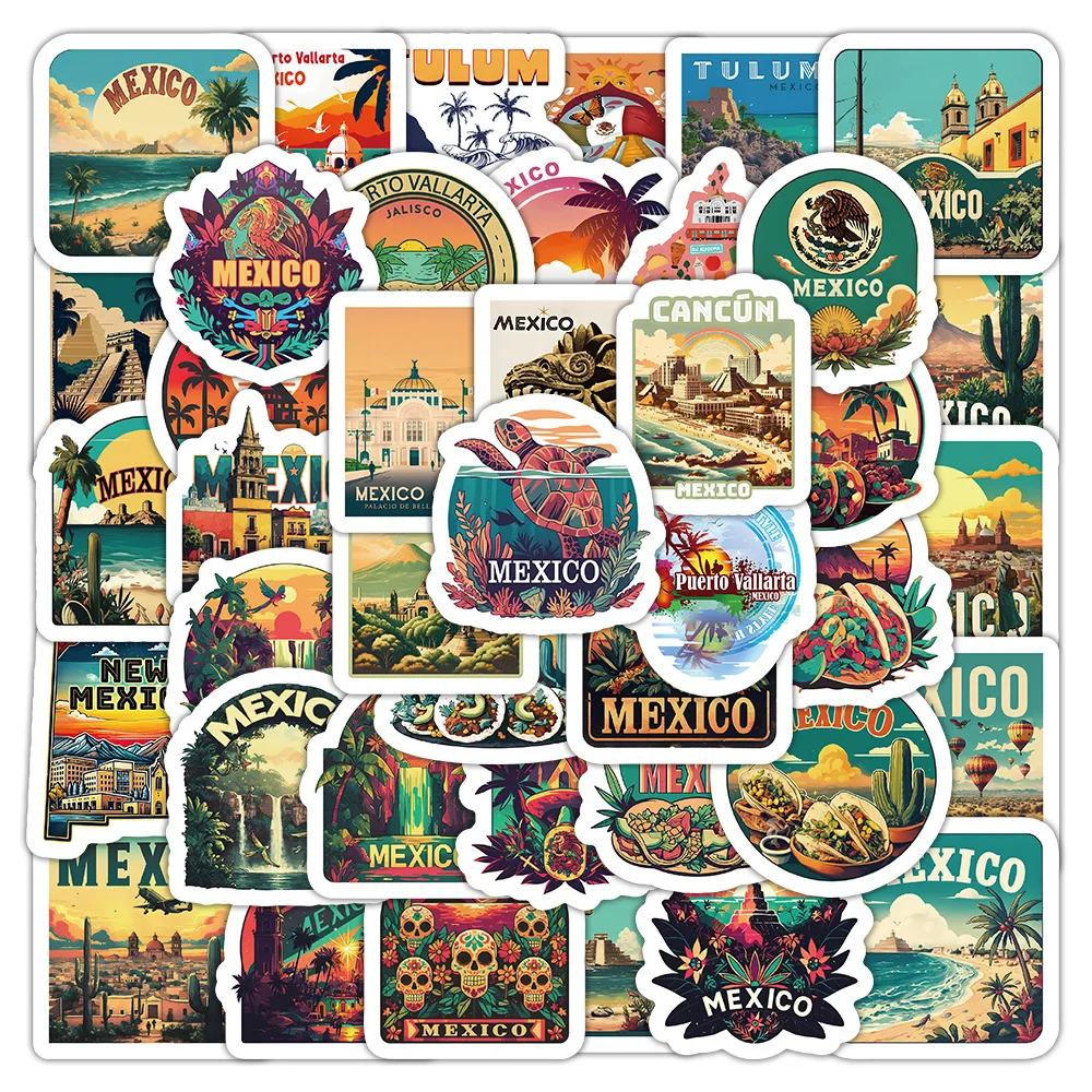 

10/54PCS Mexico Landscape Text Slogan Cartoon Doodle DIY Decorative Mobile Case Guitar Skateboard Waterproof Sticker Kids Toy