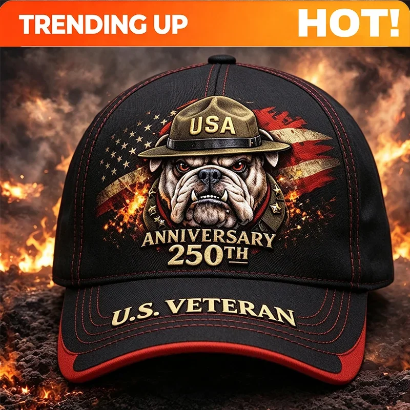Men's & Women's Vintage Military Trucker Hat - U.S. Veteran Bulldog Soldier & 250th USA Anniversary Cap With Retro Burnt America