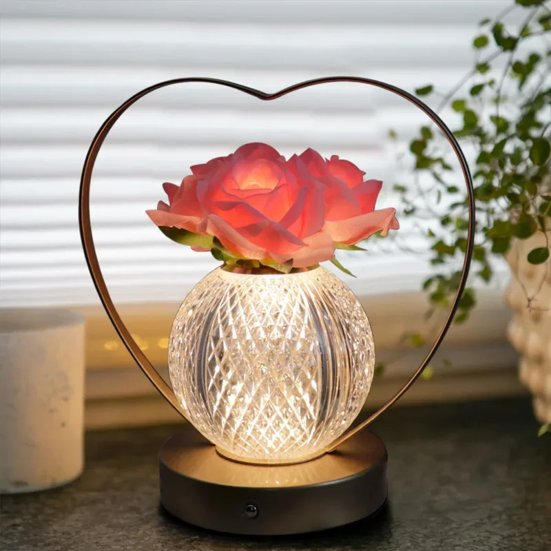 

Heart Shaped Rose Night Light Handheld Lantern USB Charging LED Simulation Flower Pot Atmosphere Decoration Lamps