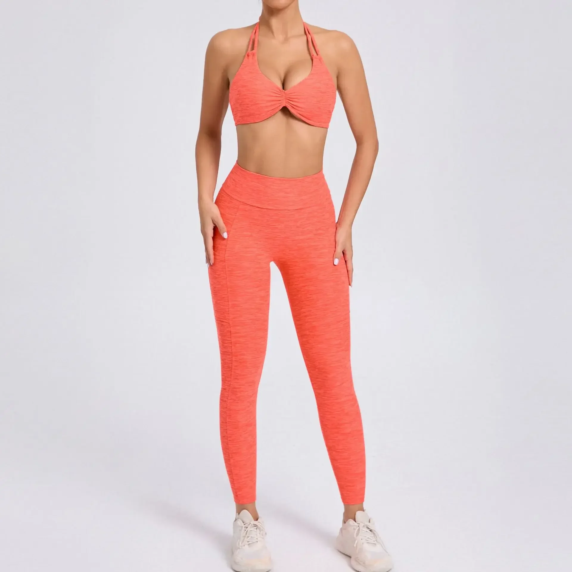 Seamless Yoga Sets Sports Fitness High Waist Hip-lifting Pockets Pants Backless Bra Suits Workout Gym Leggings Sets for Women