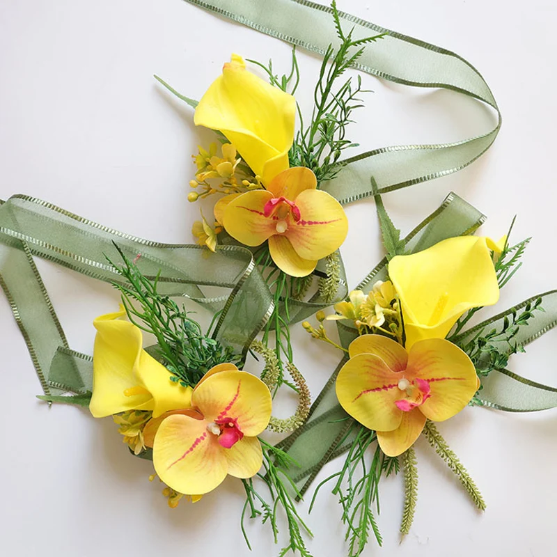 25021 Juego de pulsera y ramillete de flores rosas bohemias amarillas: perfecto para novias, padrinos de boda y decoraciones de boda