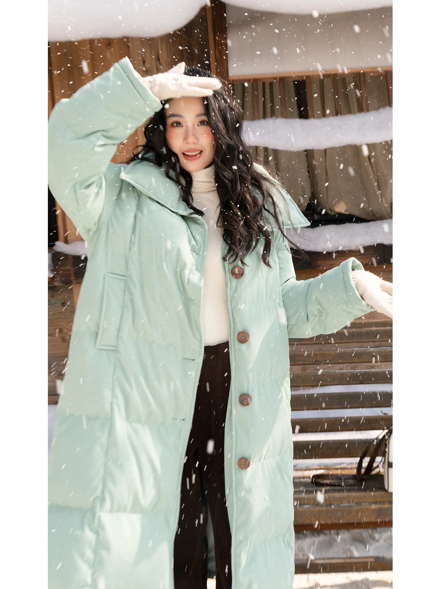 

Пуховик BUD Mint Cotton Candy Corduroy Du down Jaet, теплый зимний пуховик до колен, с длинными рукавами, на пуговицах, стандартной длины