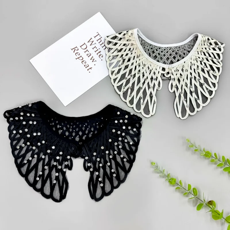 中空レースビーズダイヤモンドフェイクカラー女性シャツ装飾ショールカラー取り外し可能な襟-diy-アパレルとアクセサリー