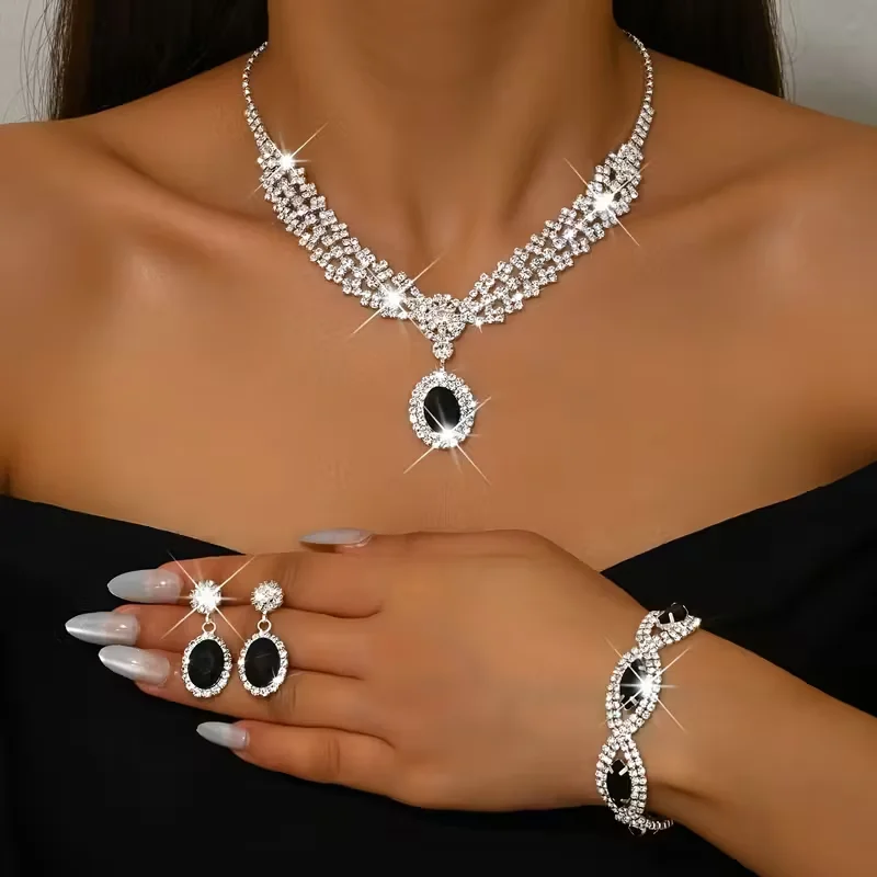 1 Set of Jewelry Includes (1 Pair of Earrings + 1 Necklace + 1 Bracelet) Fashionable Middle Eastern Women's Jewelry Set, Three-Piece Set with Sparkling Rhinestones, Suitable for Brides and Bridesmaids, Perfect for Proms, Banquets, and Parties