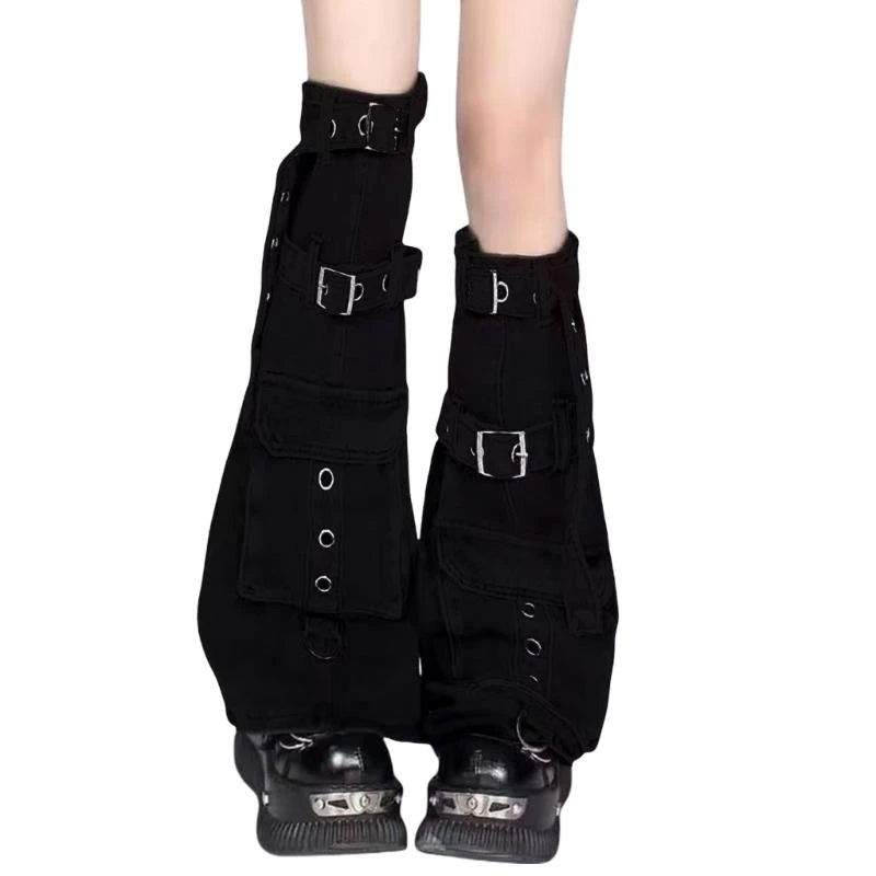 

Pocketed Denims Leg Warmers for Womens Harajuku Punk Buckled Strap Boot Cover Flared Over Knee Long Socks Streetwear 15UB