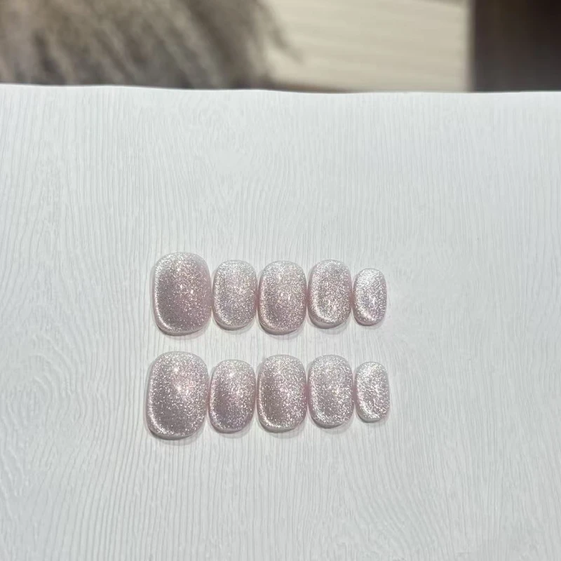 10개입 심플 핑크 캣아이 핸드메이드 프레스온 네일 스윗 글리터 퓨어 컬러 숏 스퀘어 라운드 인조 손톱 착용 가능한 부드러운 손톱