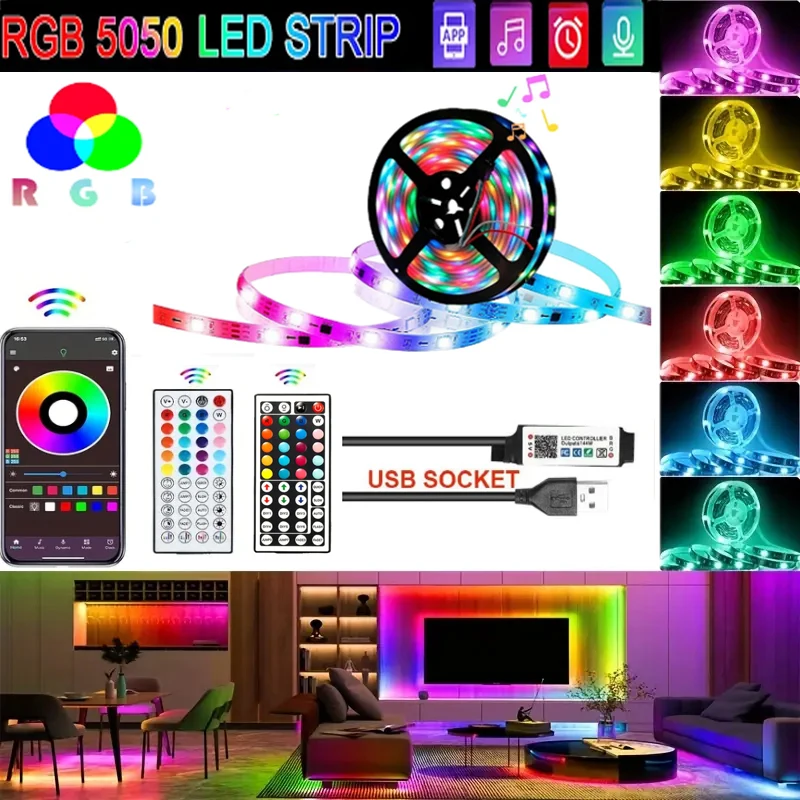 USB 5V LED Strip Lights APP Control Color Changing 5050 RGB Led Light Flexible Lamp Tape 44-Key Remote TV BackLight Decoration