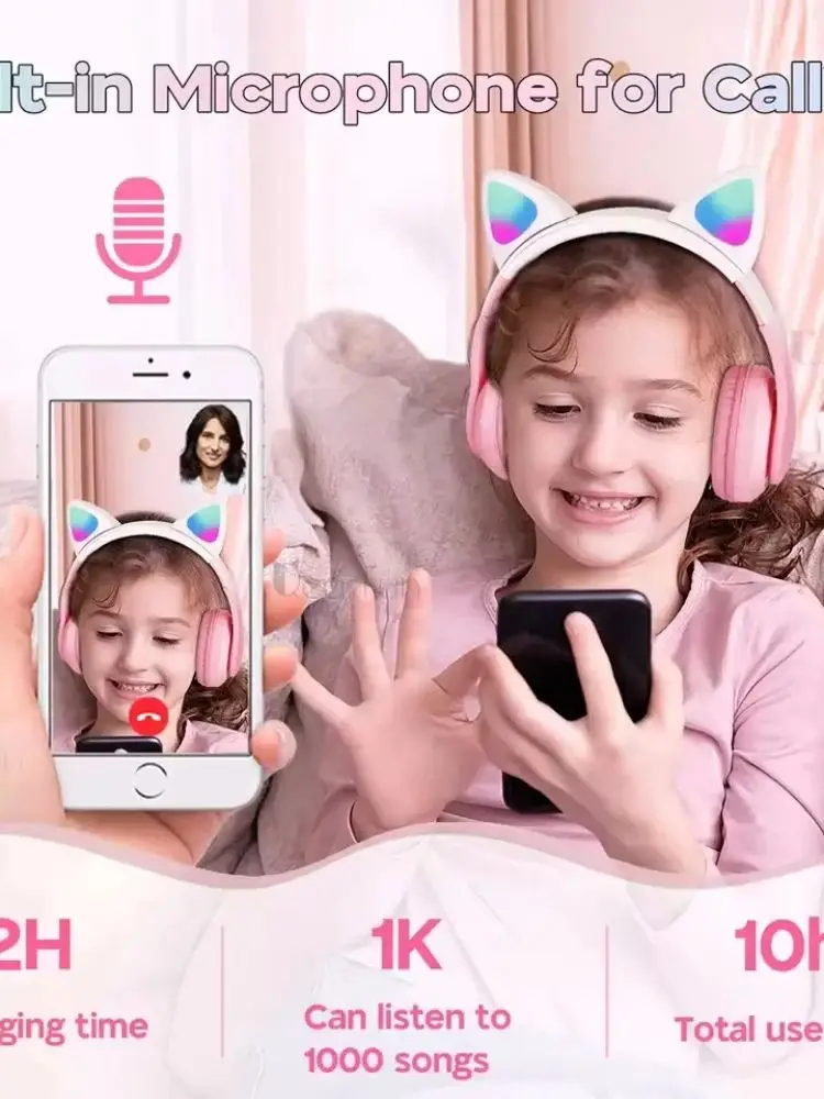 Lampe Flash oreilles de chat mignonnes, casque d'écoute Bluetooth 5.0 stéréo avec Support de micro, carte TF, sans fil, pour enfants filles, cadeau d'anniversaire