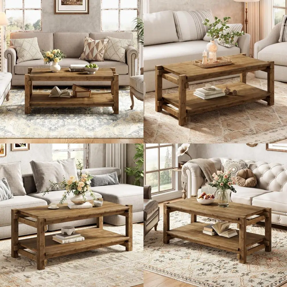

Журнальный столик из цельного дерева, 47-дюймовый прямоугольный центральный чайный столик в фермерском доме с полкой для хранения для гостиной, простая сборка