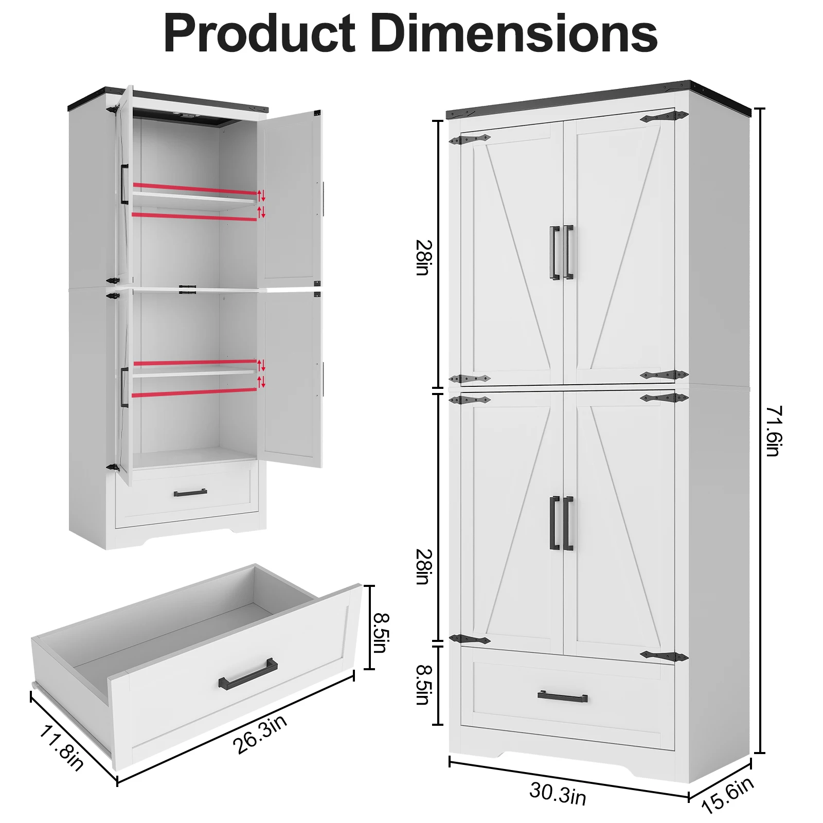 White Wooden Tall Storage Cabinet, 4 Door Freestanding Pantry Cabinet with Storage Drawer & Adjustable Inner Shelves, Multi-purpose Tall Cupboard Organizer for Kitchen, Bedroom, Mudroom & Home Organization