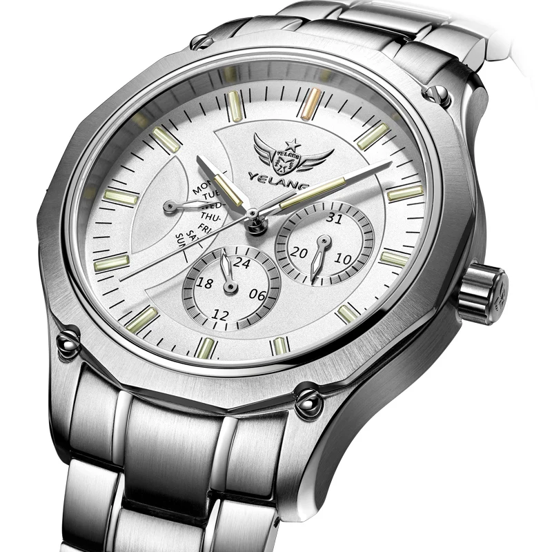 Yelang V1027 Деловой отдых Тип ремня Кварцевые часы Шестиконтактный механизм Flyback с двойным календарем 41 мм 10 бар Профессиональный водонепроницаемый