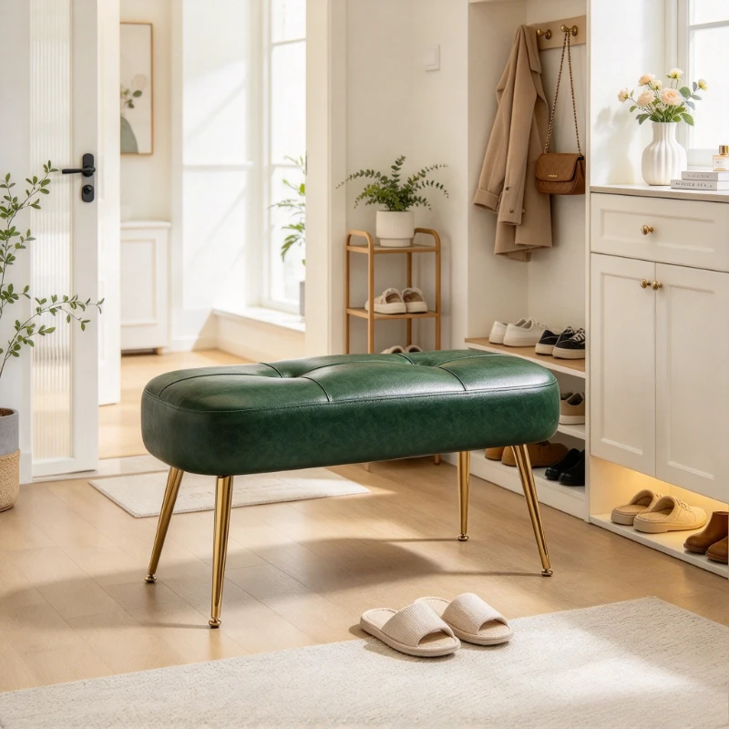 Vintage Waxed Leather Bed End Bench, Soft Padded Entryway Shoe Changing Stool, Waterproof Footrest Ottoman, Multi-Color Decor
