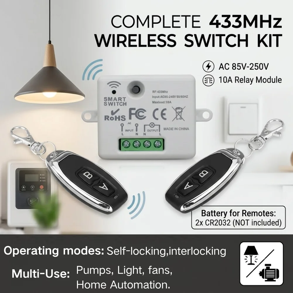 

AC 85V-250V 220V Wireless Remote Control Receiver 10A Relay 2 Buttons Remote Transmitter for Motor Pump LED Lamp Switch