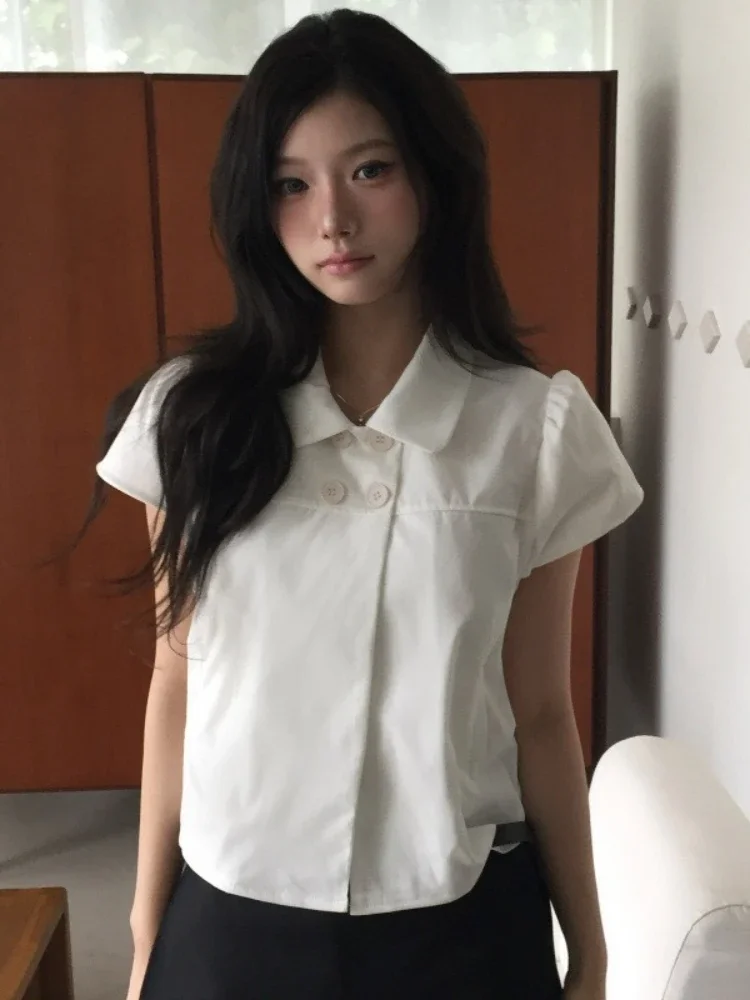 

Japanese Ladies Double-breasted Blouses Harajuku Vintage Puff Sleeve Grunge Shirt Y2k Aesthetic Doll Collar Sweet Loose Blouse