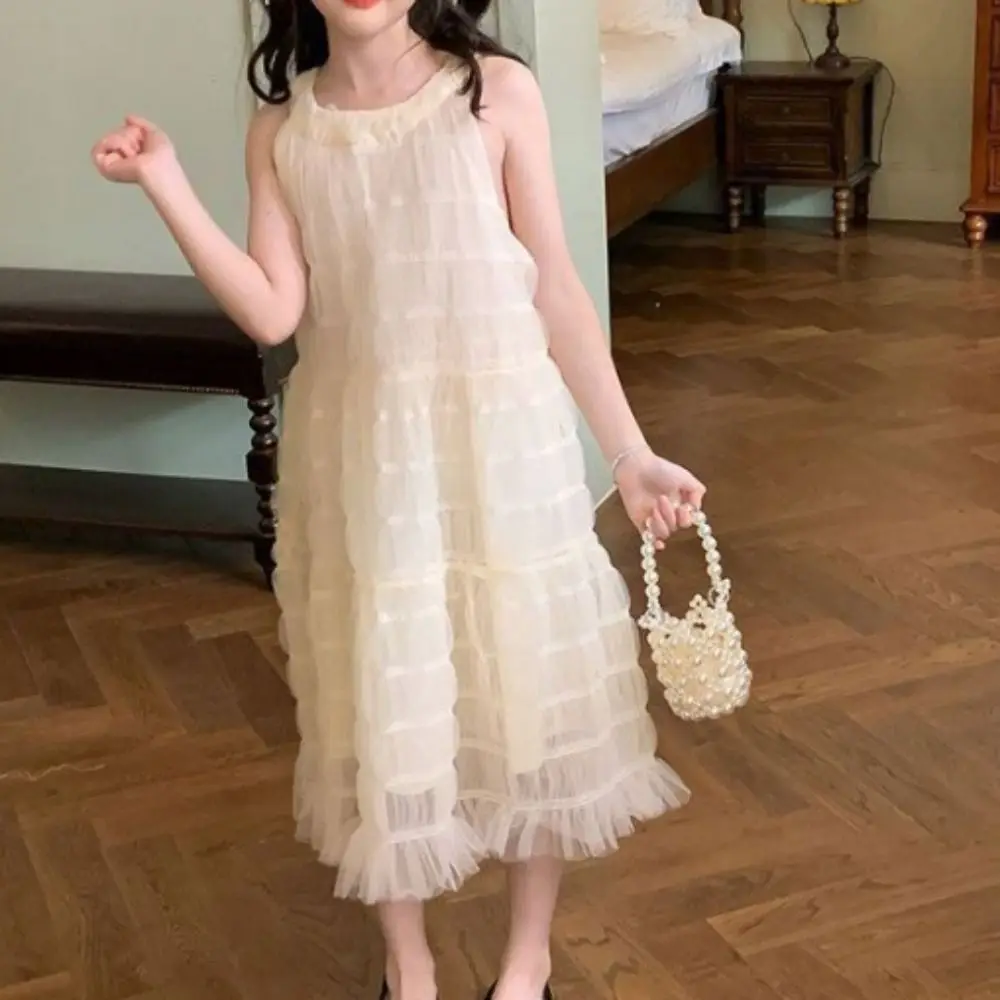 Elegant Loose Girls Princess Dress Children Beach Vacation Summer Mesh Dress Party Sweet Teens Long Dress Party