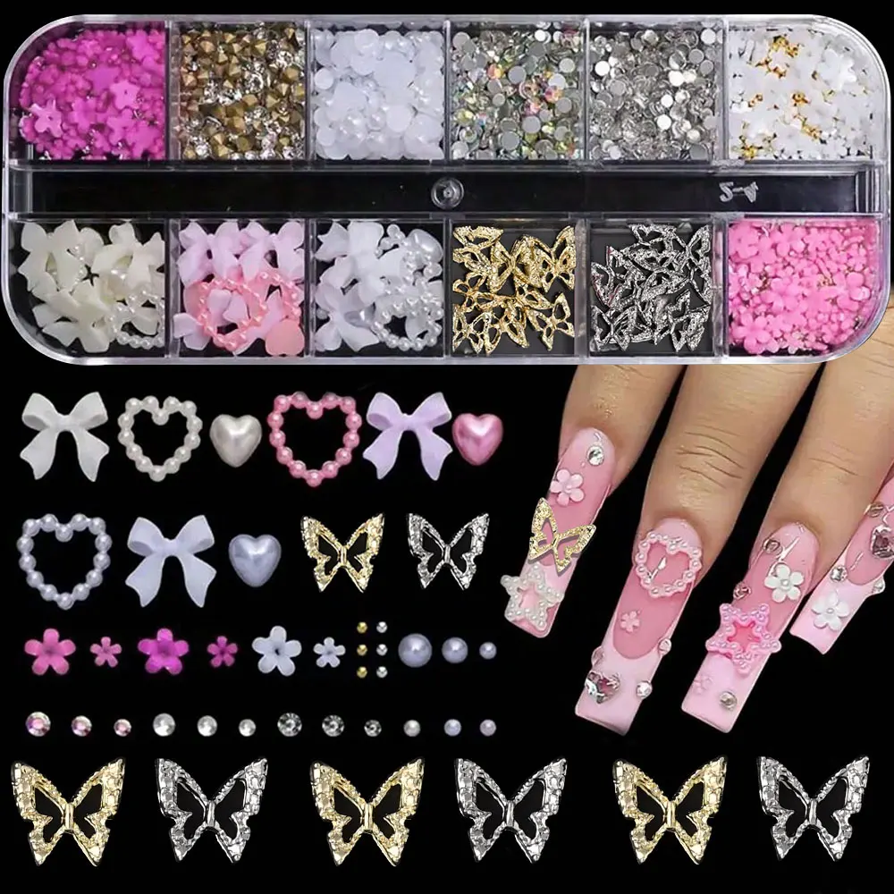 12Grid Mixed Resin Bowknot Nail Charm 3D Kawaii Butterfly Bow Acrylic Flower Nail Rhinestone Round Diamond Manicure Decoration