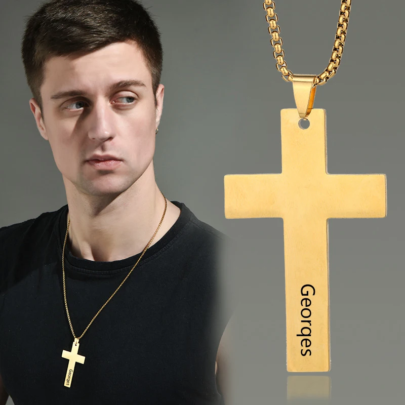 

Personalized Engraved Name Simple Cross Pendant Necklace Men's Student Girlfriends Couple Hip-hop Stainless Steel Jewelry Gift