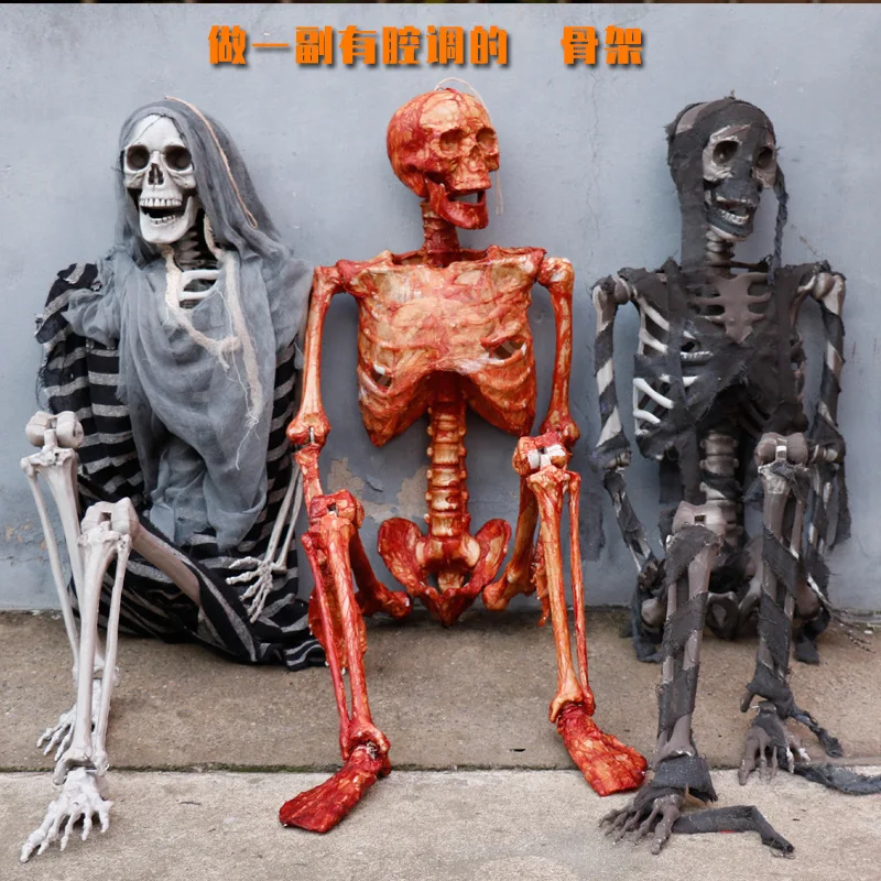 ديكور هيكل عظمي بلاستيكي للهالوين جمجمة بشرية واقعية للحفلات المسكونة في المنزل دعائم تعليق #3