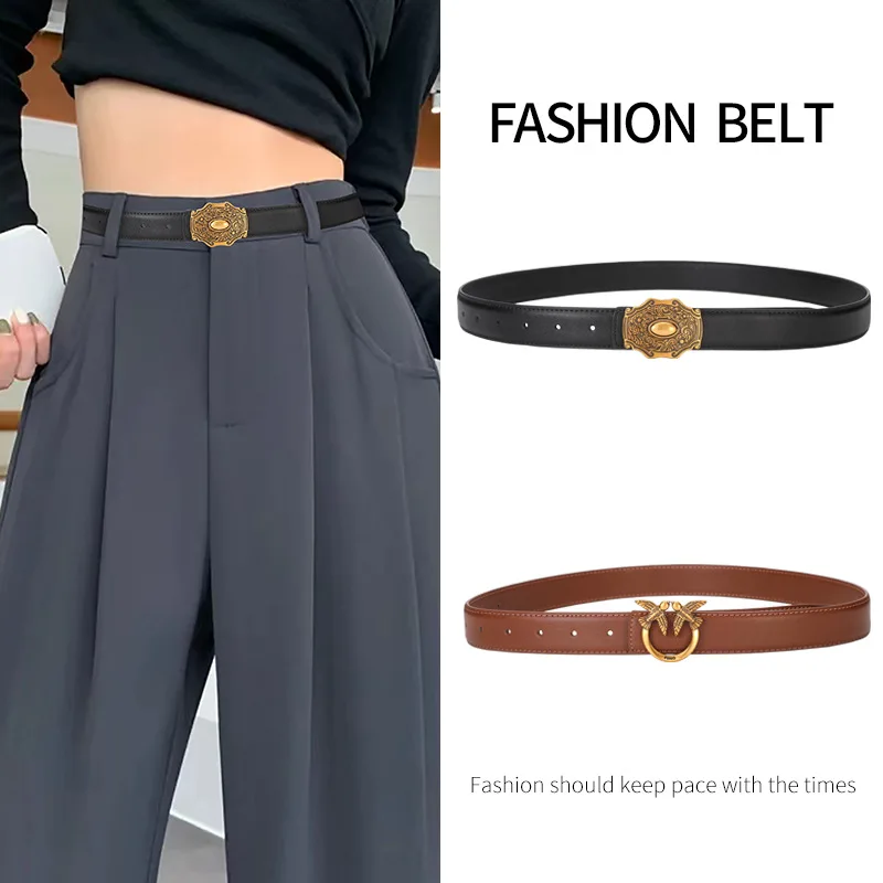 New Genuine Cowhide Vintage Engraving Belt Simple Artistic Matching Jeans Casual Elegant Women's Belt