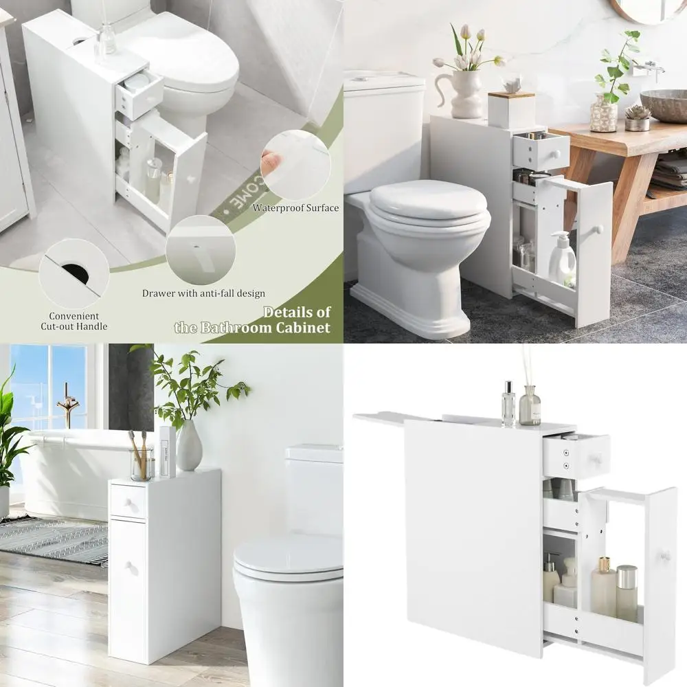 

Space-Saving Multi-Functional White Bathroom Storage Cabinet with Drawers, Doors, and Toilet Paper Holder
