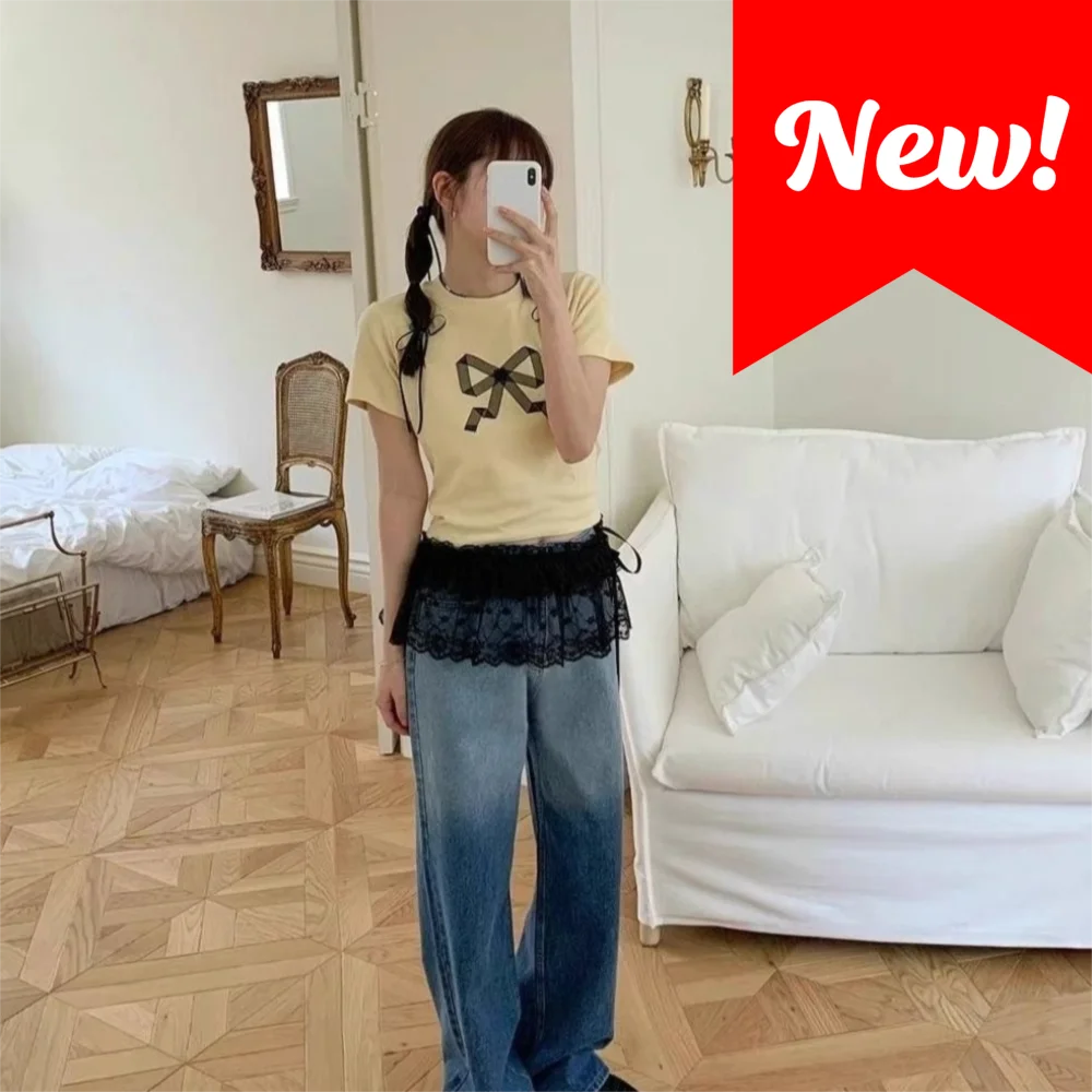 กระโปรงมินิสั้นลูกไม้สไตล์ Y2k หวานๆ แบบโลลิต้า เกาวยีนส์เกาหลี แต่งระบายชายกระโปรง ผ่าหลัง เอวสูง ขอบระบาย สำหรับสาวๆ