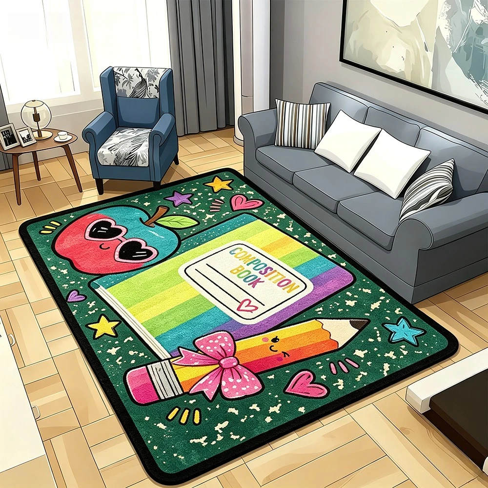 Cartoon School Element Printed Rug Cute Apple Pencil Book Pattern Floor Carpet for Kids Bedroom Playroom Home Interior Decor