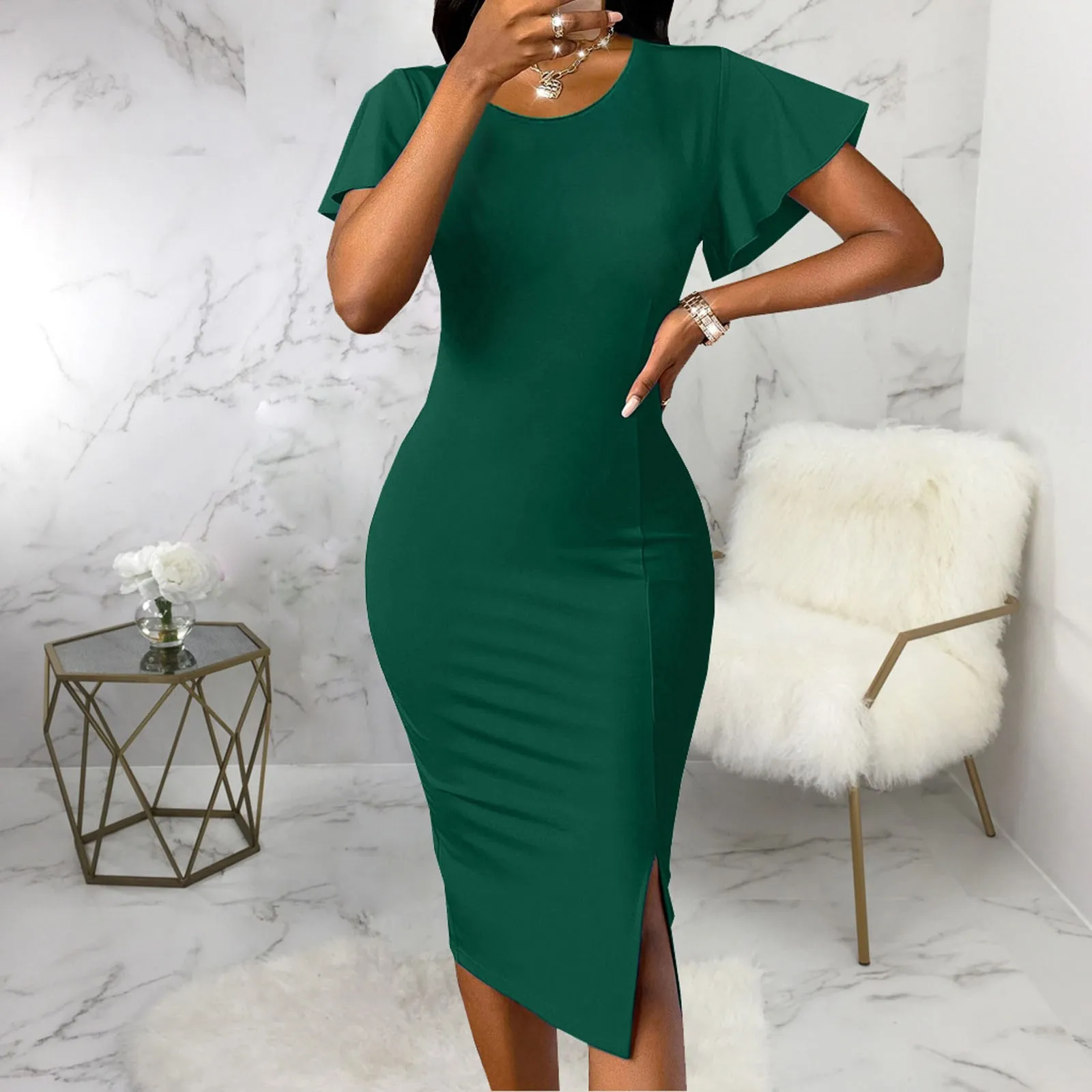 Elegant Dresses for Women O Neck Cold Shoulder Solid Package Hips Mid Calf Luxury Female Birthday Party Dinner Vestidos Mujer