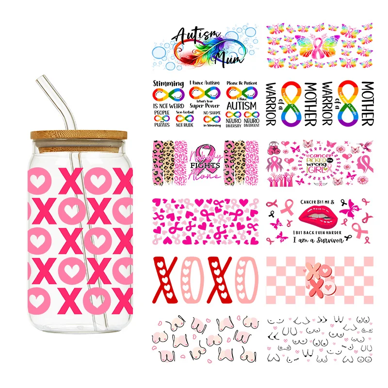 

1PCS Pink Fight Breast Cancer Ribons Autism Awareness Glass Cup Stickers Pegatina Printing Uv Dtf Wrap Cancer For 16oz Transfer