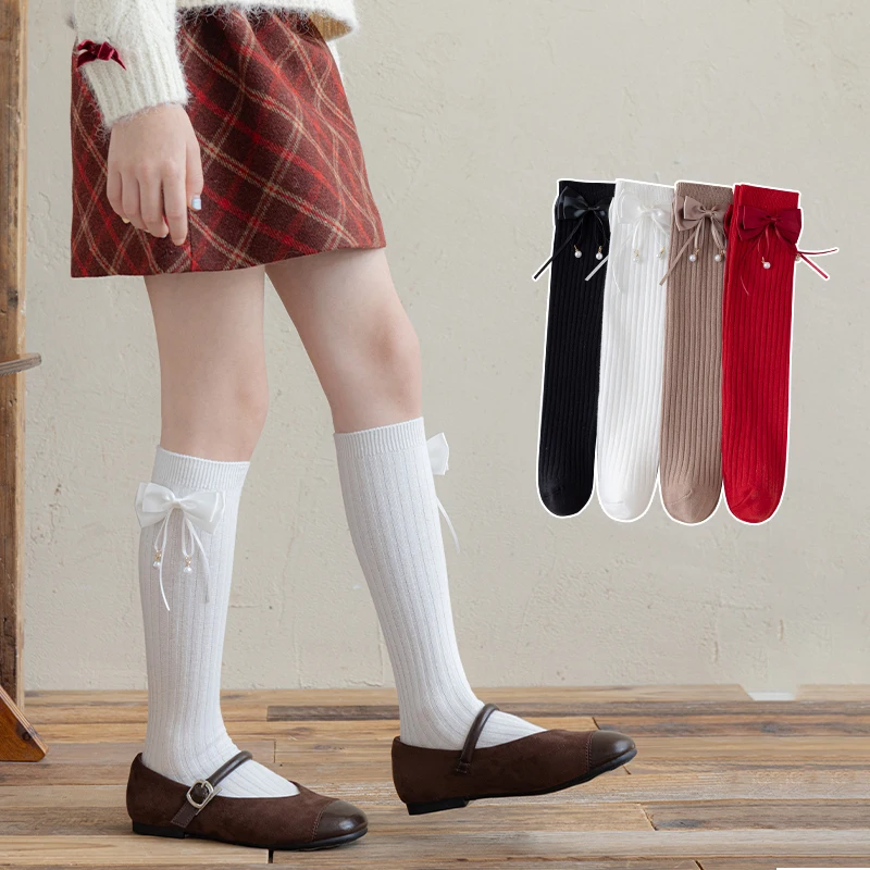 Kids Decorative Calf‑Length Socks Dreamy Princess Vibe Charming Pearl Pendant Streamer Bow Ornaments Soft Stretchy Comfort Socks