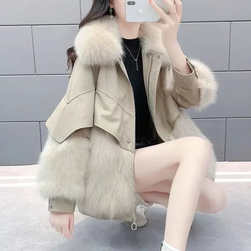 New Women Winter Faux Fur Coat Mid Length Version Fox Overcoat Loose Thick Warm Furs Jacket  Artificial Fur Collar Outwear JJ161