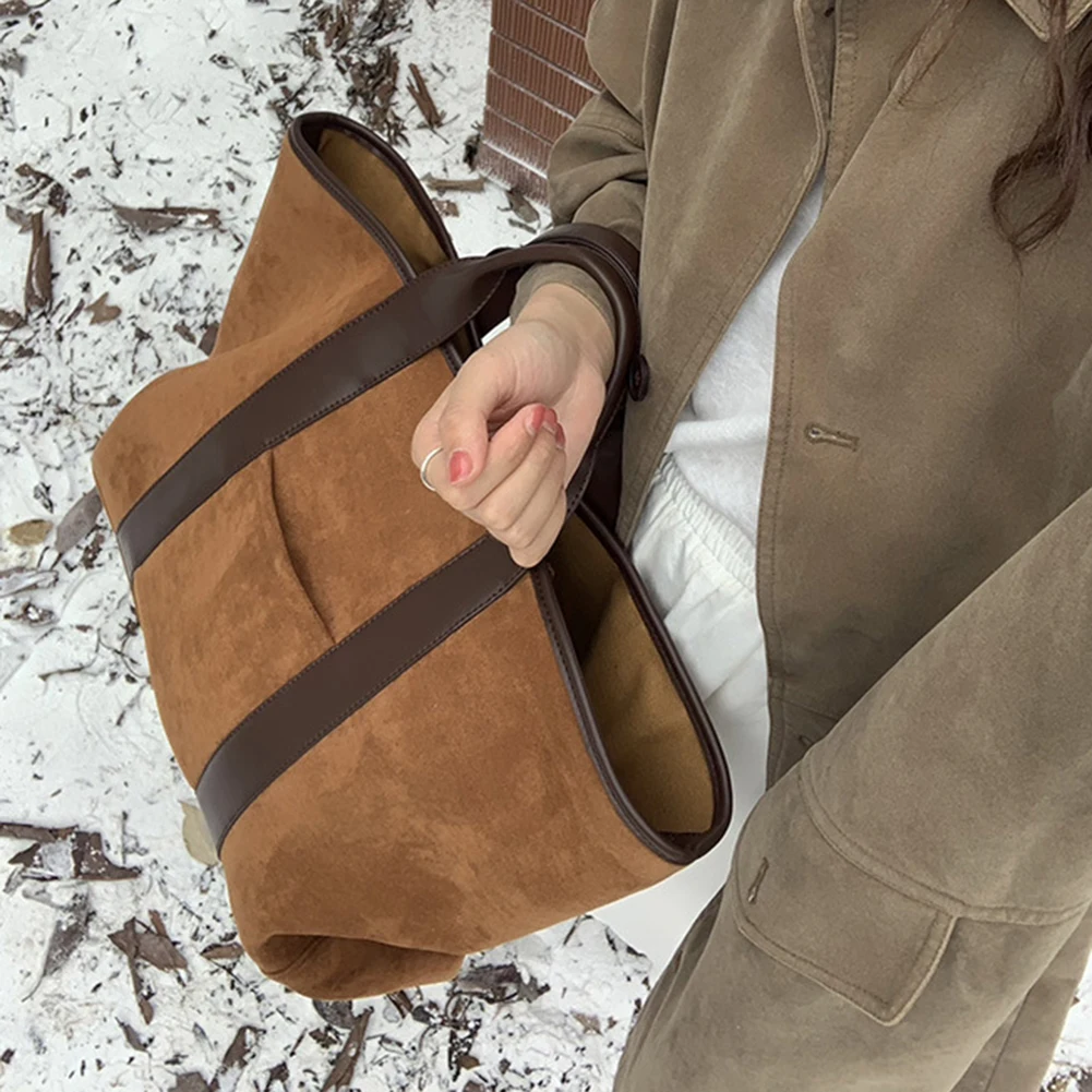 

Vintage Tote Bag Women Solid Color Handbag Retro Faux Suede Large Capacity Top-Handle Bags Trendy Shopping Travel Underarm Pouch