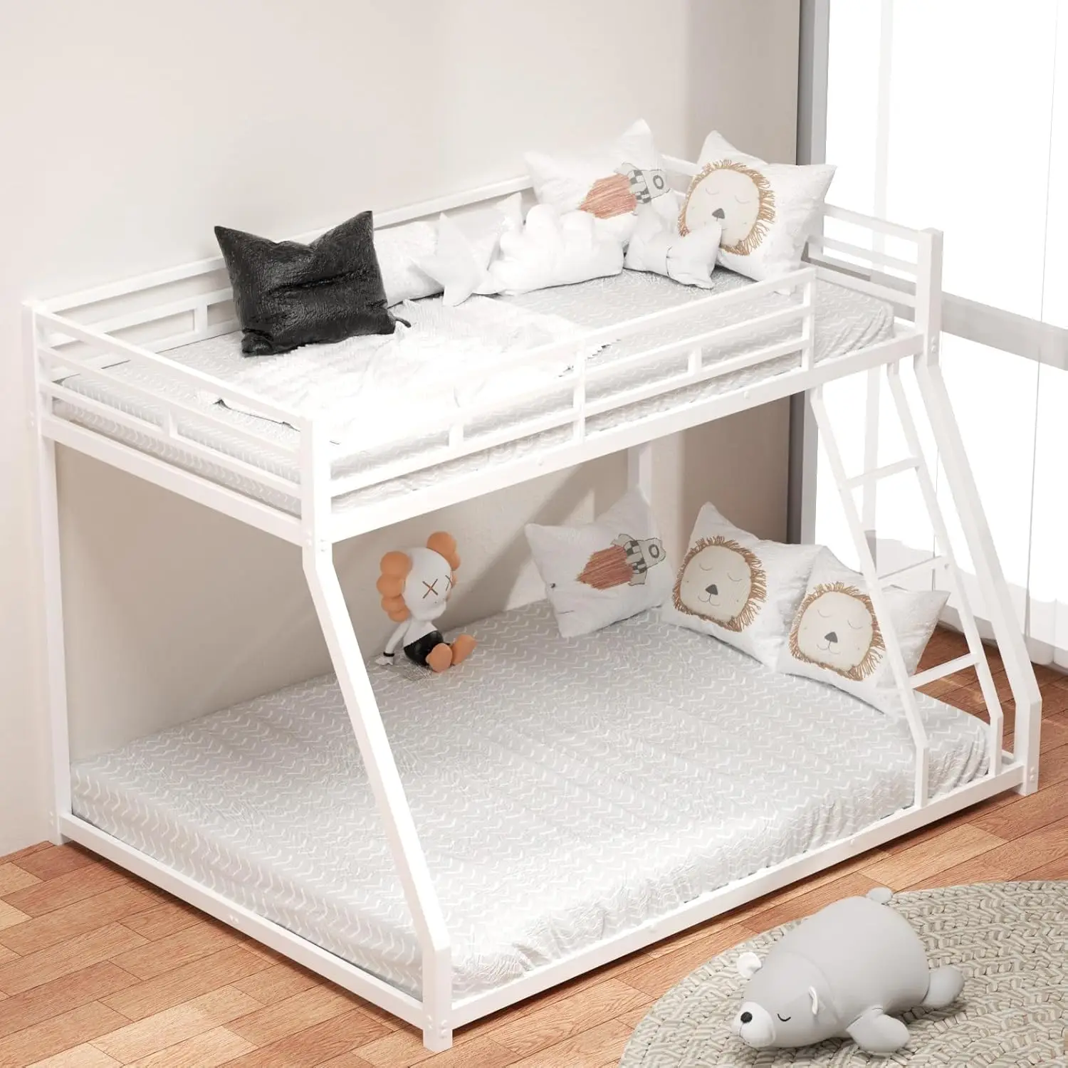 Beliche duplo sobre cama completa com estrutura de metal, design que economiza espaço, cama de metal para crianças e adolescentes, fácil montagem, branco