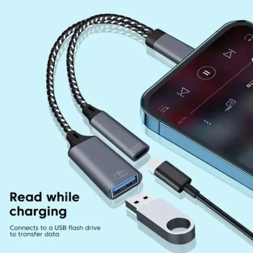 2 in 1 USB C to USB 3.0 OTG Adapter with 60W PD Fast Charging Port Braided Cable for iPhone Samsung Android Phone Gaming & Pad