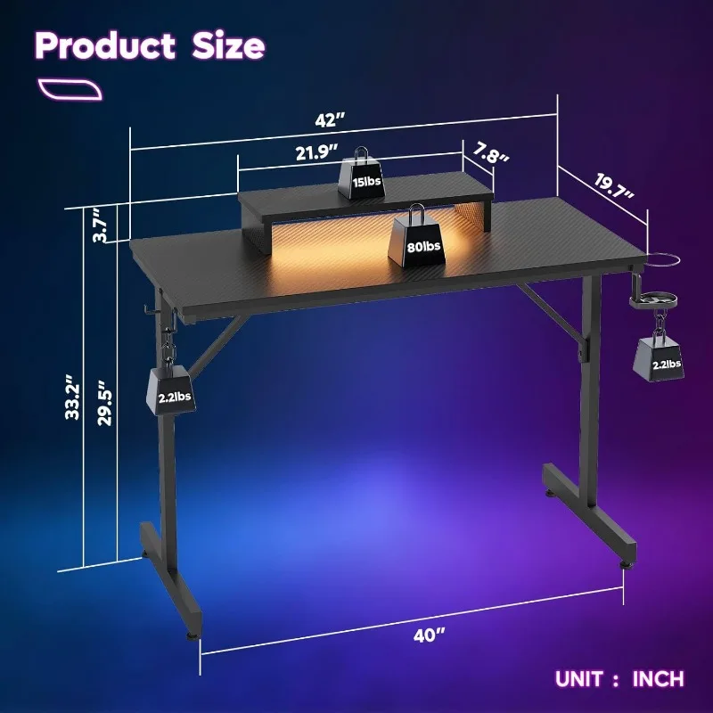 Small Gaming Desk with Monitor Stand, 42 Inch LED Computer Desk, Gamer Desk with Cup Holder & Headset Hooks, Modern Simple