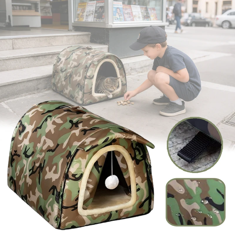 

Rainy Season Cat House Outdoor Waterproof Windproof Shelter with Lining Ground Spikes for Stray Animals All Weather Protection