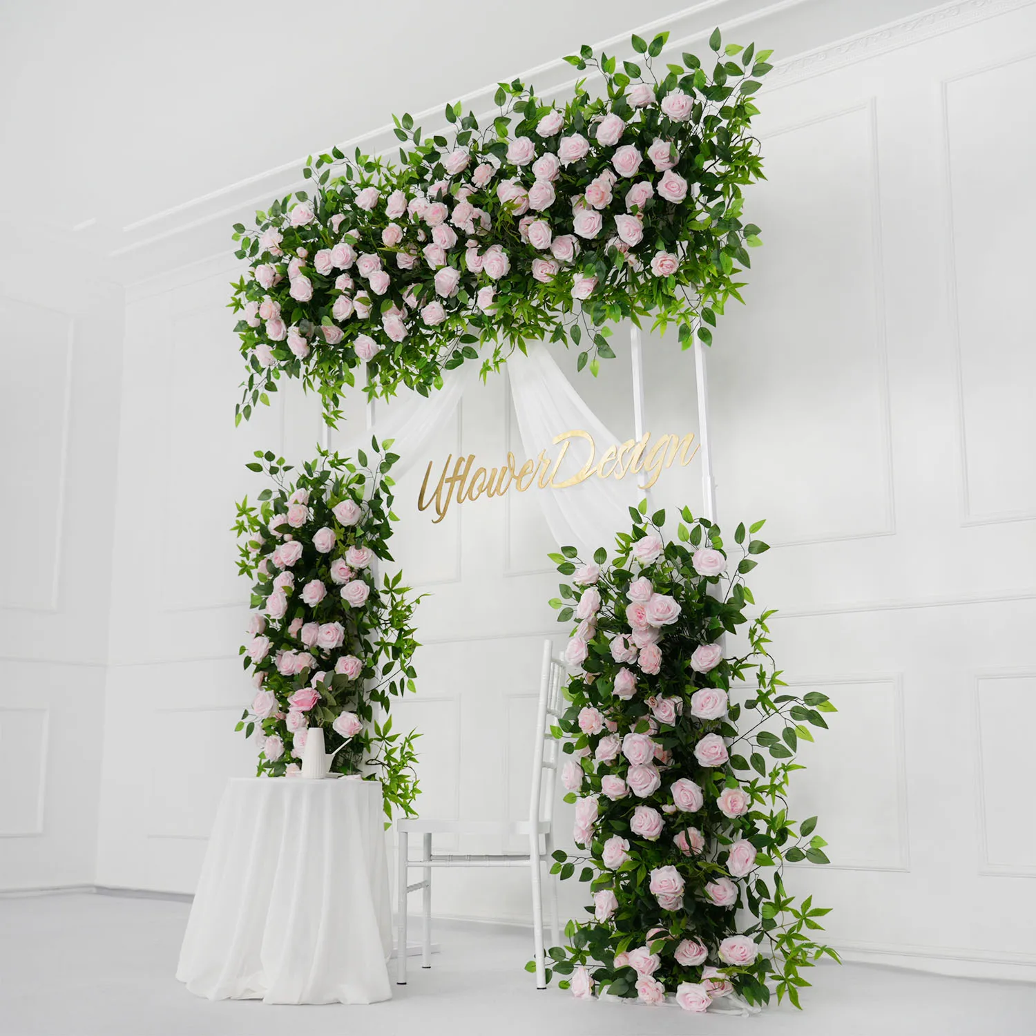 Uflower Pink Rose Green Leaf Blumenarrangement Dekor Hochzeit Outdoor Hintergrund Bogen Event Bühne Party Blumenreihe Blumenwand