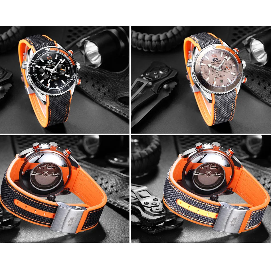 PAULAREIS New Sport Casual Alloy Men\'s Watches Luminous Automatic Mechanical Watches Orange Round Male Wristwatch